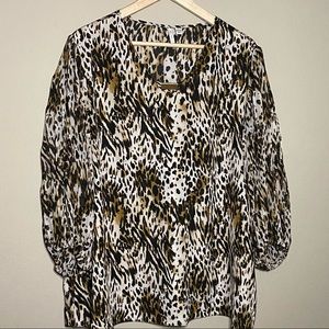 Cato Blouse Women 18 20W Pullover Animal Print Brown Tan Long Pleated Sleeve